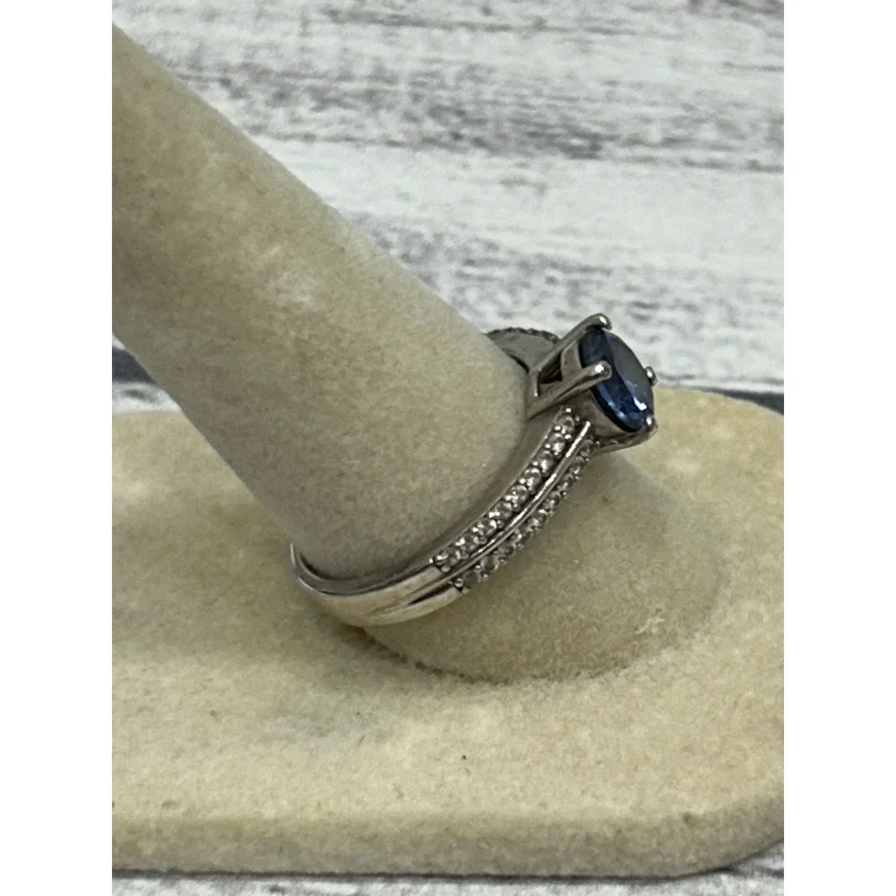 DK 925 Sterling Silver Engagement Blue Sapphire? CZ & Pave Accents Ring‎ Size 8